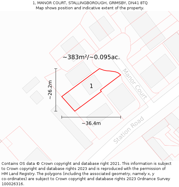 1, MANOR COURT, STALLINGBOROUGH, GRIMSBY, DN41 8TQ: Plot and title map