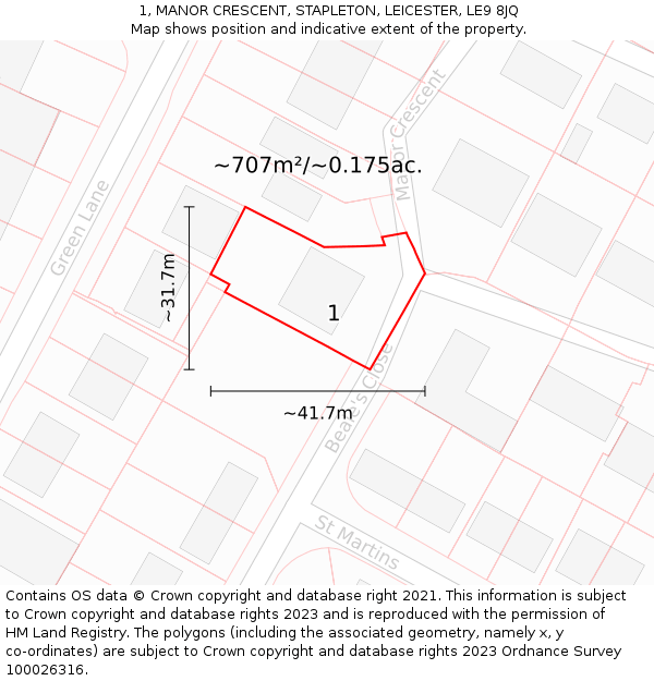 1, MANOR CRESCENT, STAPLETON, LEICESTER, LE9 8JQ: Plot and title map