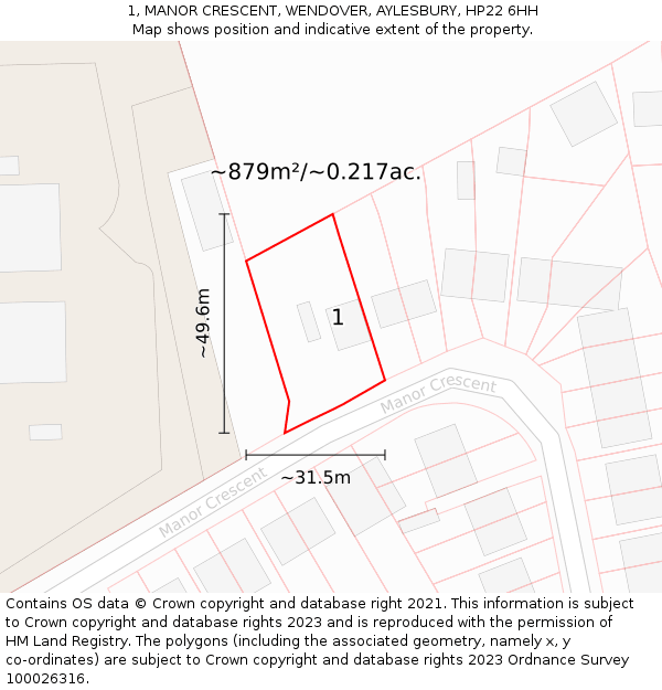 1, MANOR CRESCENT, WENDOVER, AYLESBURY, HP22 6HH: Plot and title map