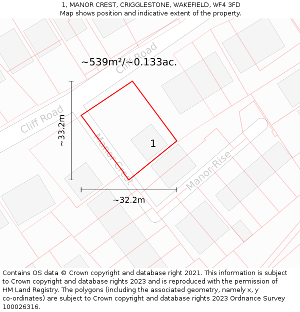 1, MANOR CREST, CRIGGLESTONE, WAKEFIELD, WF4 3FD: Plot and title map