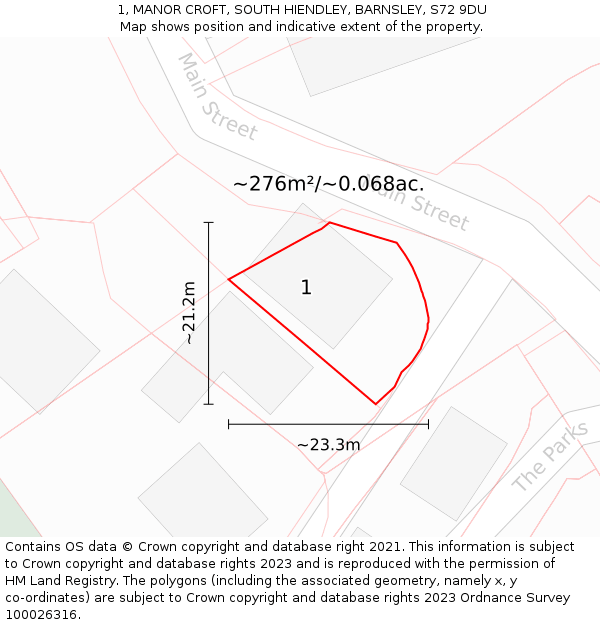 1, MANOR CROFT, SOUTH HIENDLEY, BARNSLEY, S72 9DU: Plot and title map