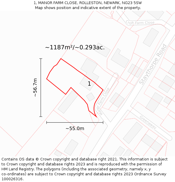 1, MANOR FARM CLOSE, ROLLESTON, NEWARK, NG23 5SW: Plot and title map