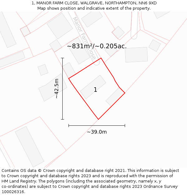 1, MANOR FARM CLOSE, WALGRAVE, NORTHAMPTON, NN6 9XD: Plot and title map
