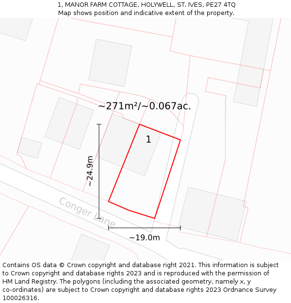 1, MANOR FARM COTTAGE, HOLYWELL, ST. IVES, PE27 4TQ: Plot and title map