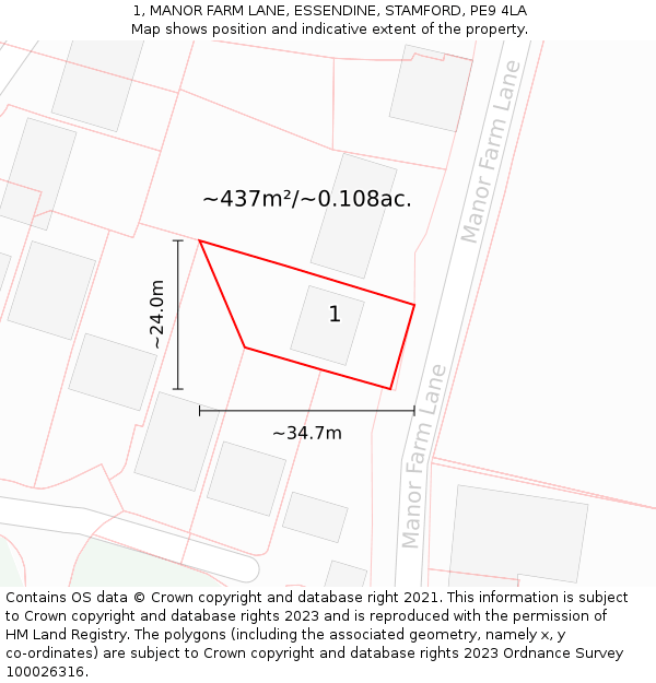 1, MANOR FARM LANE, ESSENDINE, STAMFORD, PE9 4LA: Plot and title map