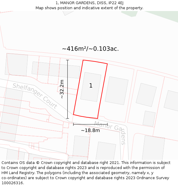 1, MANOR GARDENS, DISS, IP22 4EJ: Plot and title map