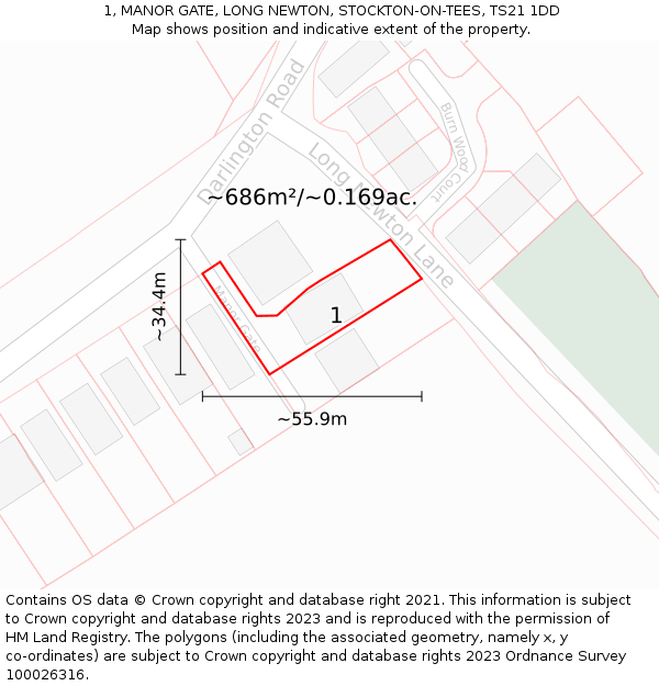 1, MANOR GATE, LONG NEWTON, STOCKTON-ON-TEES, TS21 1DD: Plot and title map