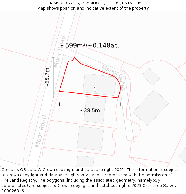 1, MANOR GATES, BRAMHOPE, LEEDS, LS16 9HA: Plot and title map
