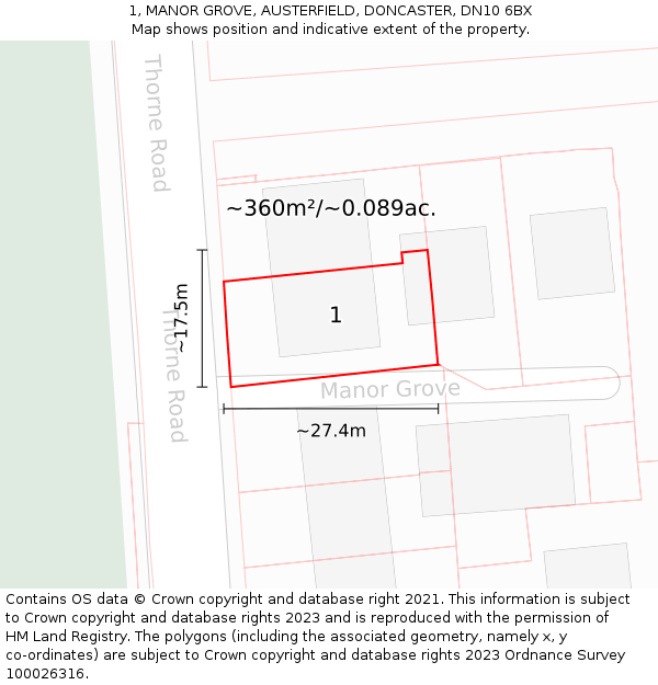 1, MANOR GROVE, AUSTERFIELD, DONCASTER, DN10 6BX: Plot and title map
