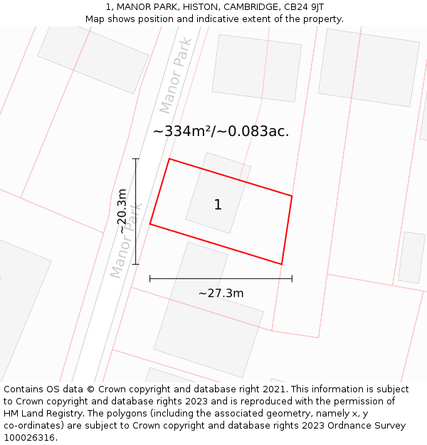 1, MANOR PARK, HISTON, CAMBRIDGE, CB24 9JT: Plot and title map