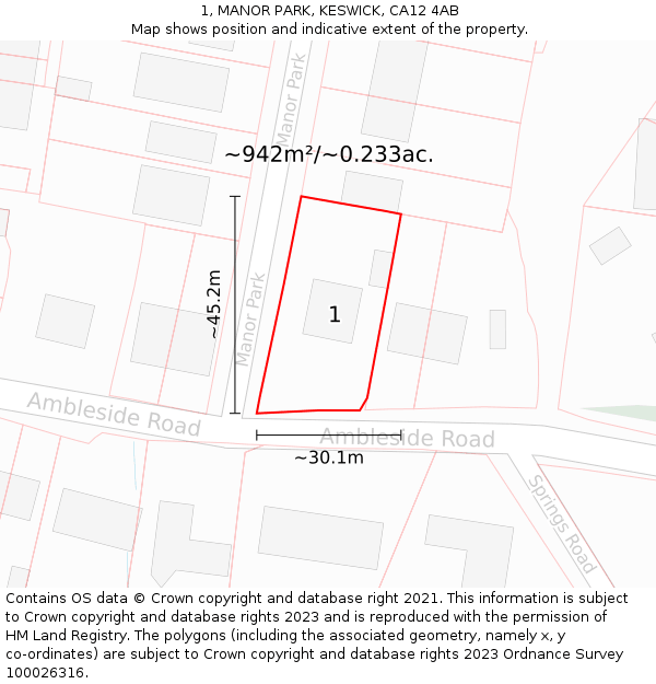 1, MANOR PARK, KESWICK, CA12 4AB: Plot and title map