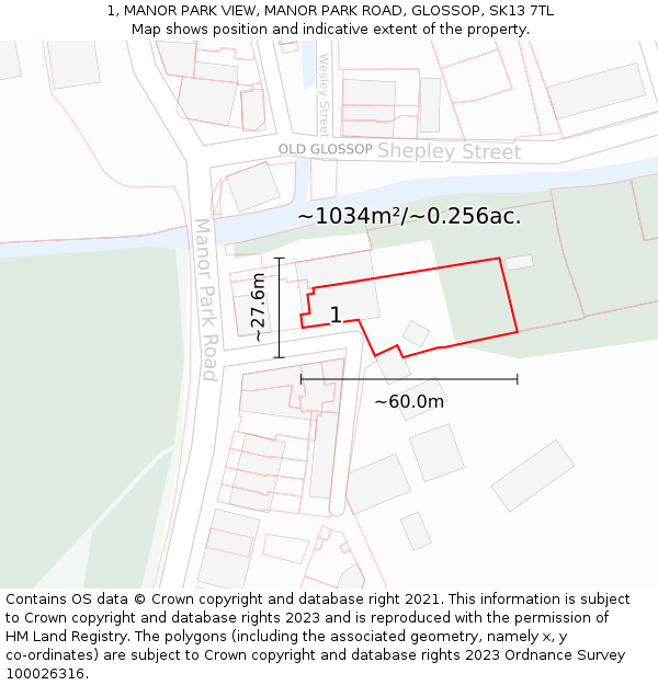 1, MANOR PARK VIEW, MANOR PARK ROAD, GLOSSOP, SK13 7TL: Plot and title map