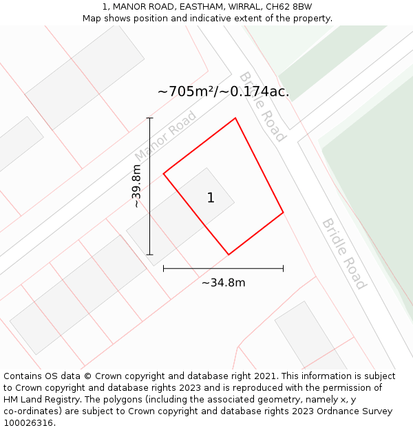 1, MANOR ROAD, EASTHAM, WIRRAL, CH62 8BW: Plot and title map