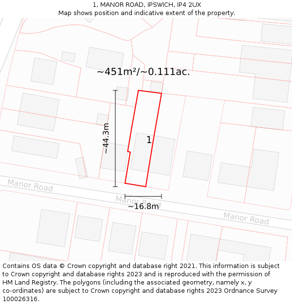 1, MANOR ROAD, IPSWICH, IP4 2UX: Plot and title map