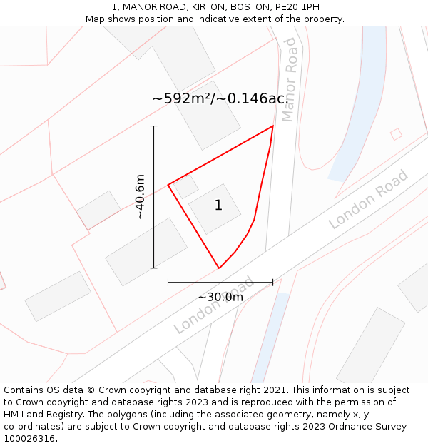 1, MANOR ROAD, KIRTON, BOSTON, PE20 1PH: Plot and title map