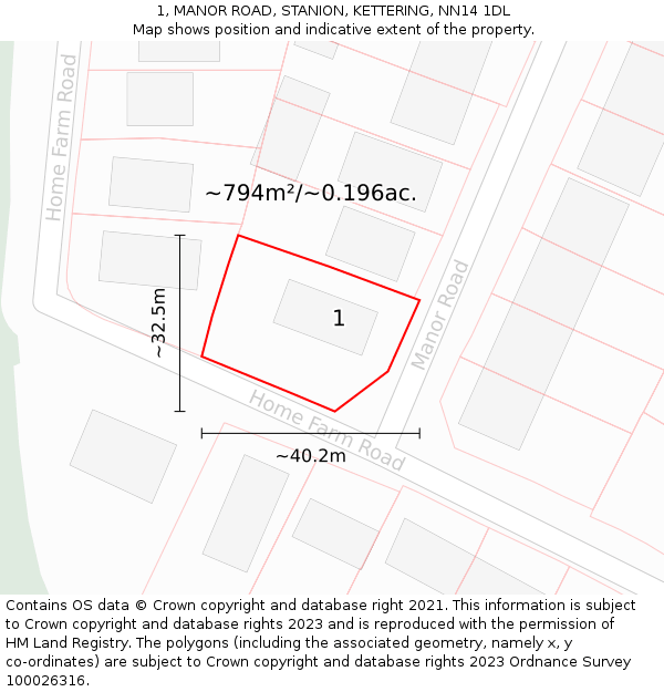 1, MANOR ROAD, STANION, KETTERING, NN14 1DL: Plot and title map