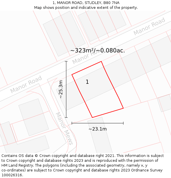 1, MANOR ROAD, STUDLEY, B80 7NA: Plot and title map