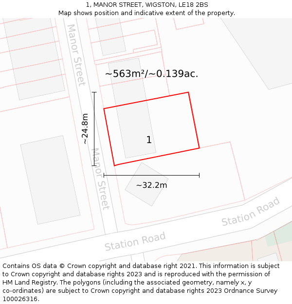 1, MANOR STREET, WIGSTON, LE18 2BS: Plot and title map