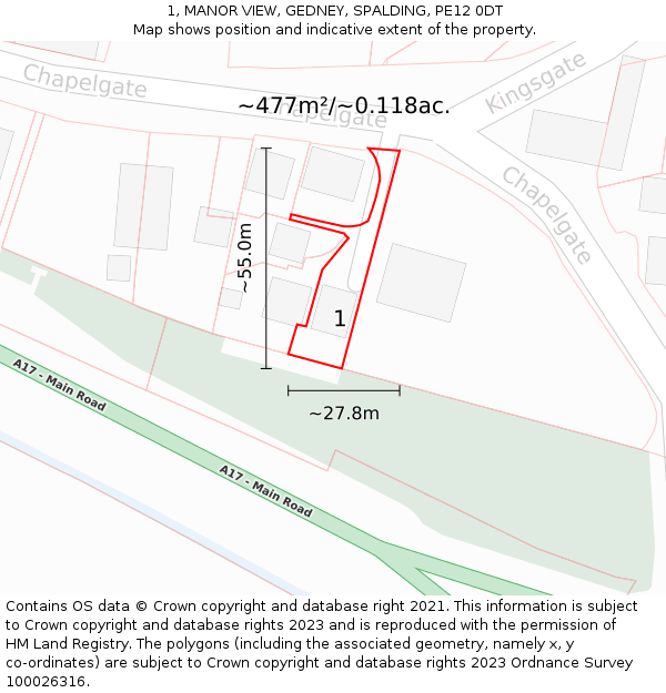 1, MANOR VIEW, GEDNEY, SPALDING, PE12 0DT: Plot and title map