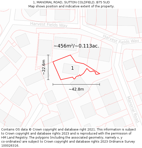 1, MANORIAL ROAD, SUTTON COLDFIELD, B75 5UD: Plot and title map