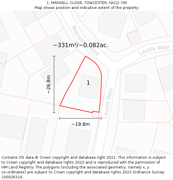 1, MANSELL CLOSE, TOWCESTER, NN12 7AY: Plot and title map