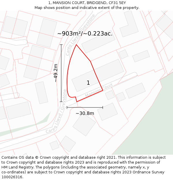 1, MANSION COURT, BRIDGEND, CF31 5EY: Plot and title map