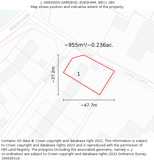 1, MANSION GARDENS, EVESHAM, WR11 1BX: Plot and title map