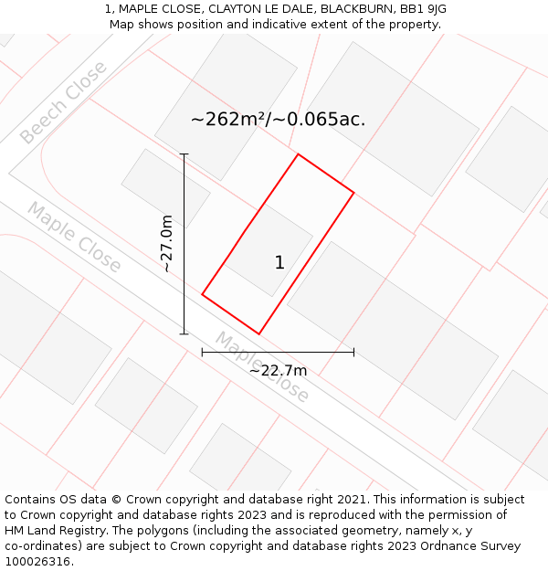 1, MAPLE CLOSE, CLAYTON LE DALE, BLACKBURN, BB1 9JG: Plot and title map