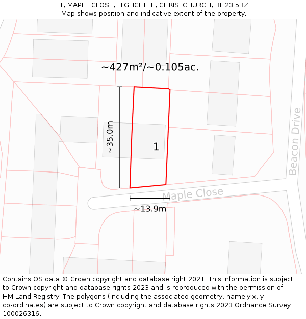 1, MAPLE CLOSE, HIGHCLIFFE, CHRISTCHURCH, BH23 5BZ: Plot and title map