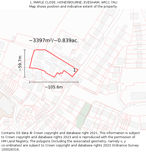 1, MAPLE CLOSE, HONEYBOURNE, EVESHAM, WR11 7AU: Plot and title map