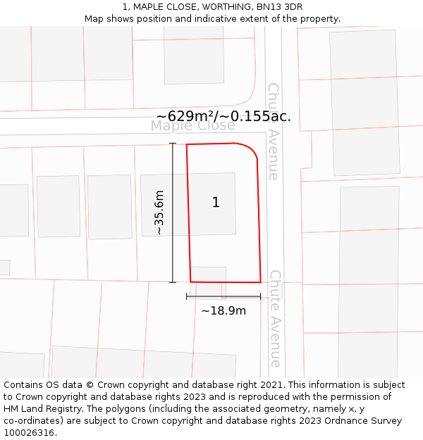 1, MAPLE CLOSE, WORTHING, BN13 3DR: Plot and title map