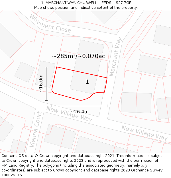 1, MARCHANT WAY, CHURWELL, LEEDS, LS27 7GF: Plot and title map