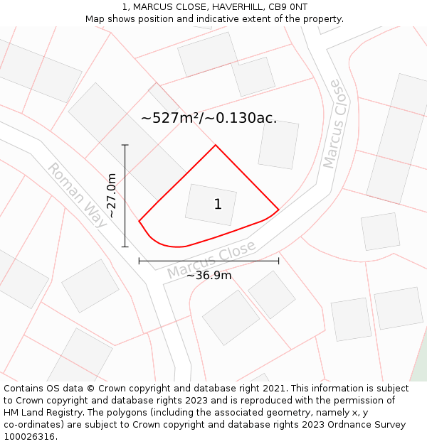 1, MARCUS CLOSE, HAVERHILL, CB9 0NT: Plot and title map