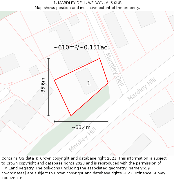 1, MARDLEY DELL, WELWYN, AL6 0UR: Plot and title map