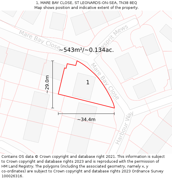 1, MARE BAY CLOSE, ST LEONARDS-ON-SEA, TN38 8EQ: Plot and title map