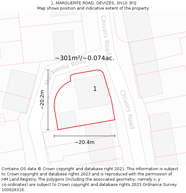 1, MARGUERITE ROAD, DEVIZES, SN10 3FQ: Plot and title map