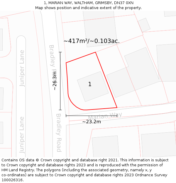 1, MARIAN WAY, WALTHAM, GRIMSBY, DN37 0XN: Plot and title map