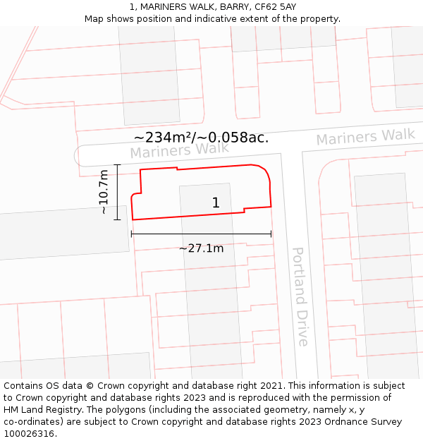 1, MARINERS WALK, BARRY, CF62 5AY: Plot and title map