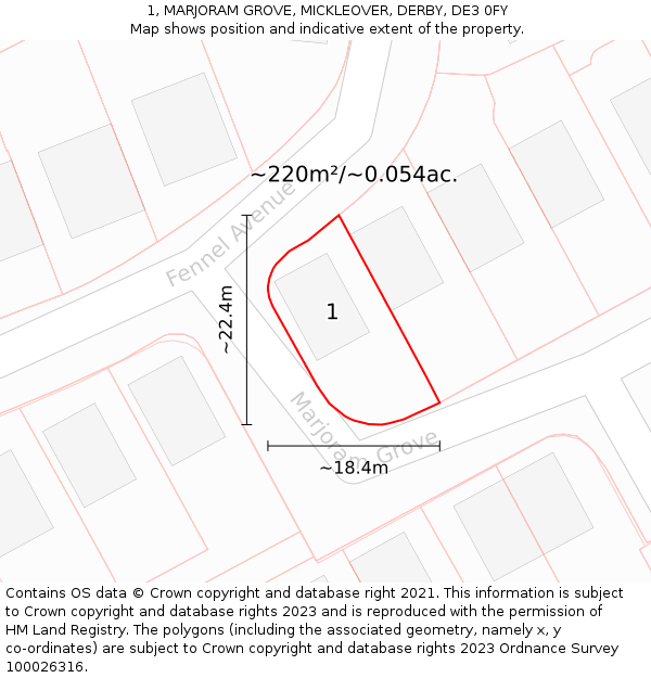1, MARJORAM GROVE, MICKLEOVER, DERBY, DE3 0FY: Plot and title map