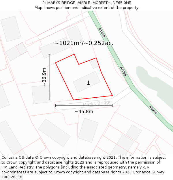 1, MARKS BRIDGE, AMBLE, MORPETH, NE65 0NB: Plot and title map