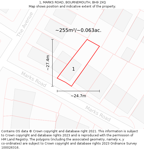 1, MARKS ROAD, BOURNEMOUTH, BH9 2XQ: Plot and title map