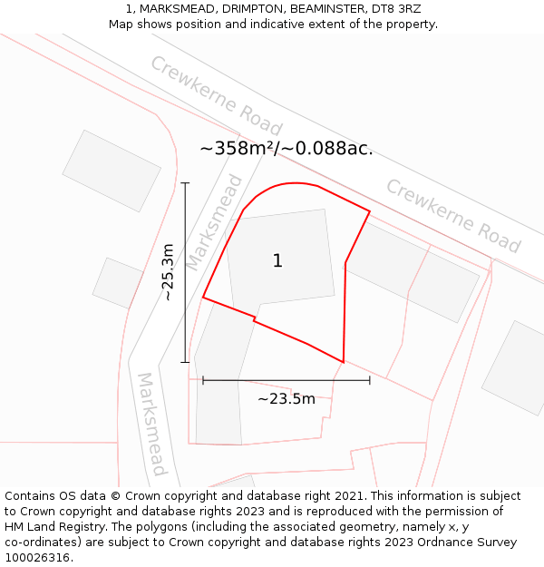 1, MARKSMEAD, DRIMPTON, BEAMINSTER, DT8 3RZ: Plot and title map