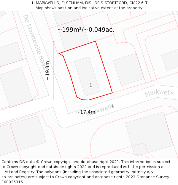 1, MARKWELLS, ELSENHAM, BISHOP'S STORTFORD, CM22 6LT: Plot and title map