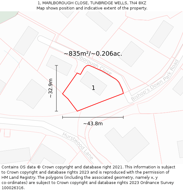 1, MARLBOROUGH CLOSE, TUNBRIDGE WELLS, TN4 8XZ: Plot and title map