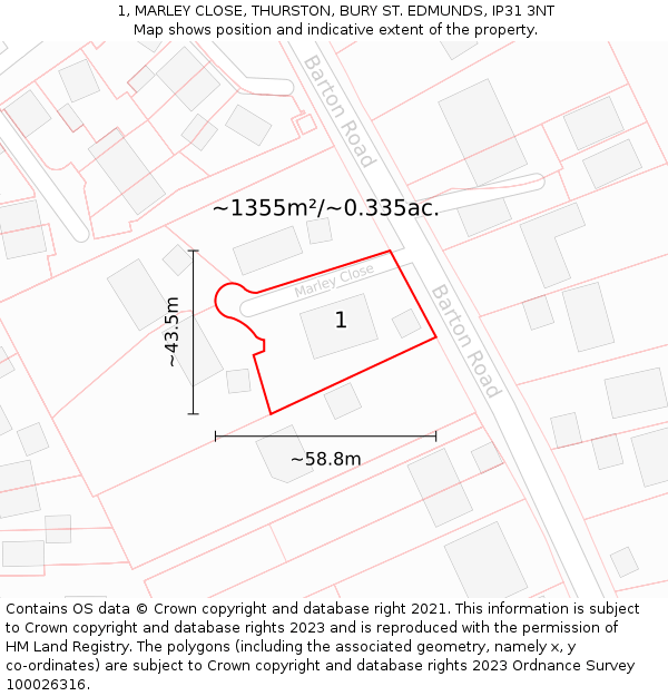1, MARLEY CLOSE, THURSTON, BURY ST EDMUNDS, IP31 3NT: Plot and title map