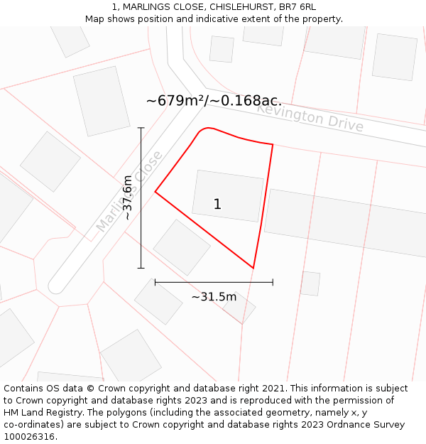 1, MARLINGS CLOSE, CHISLEHURST, BR7 6RL: Plot and title map