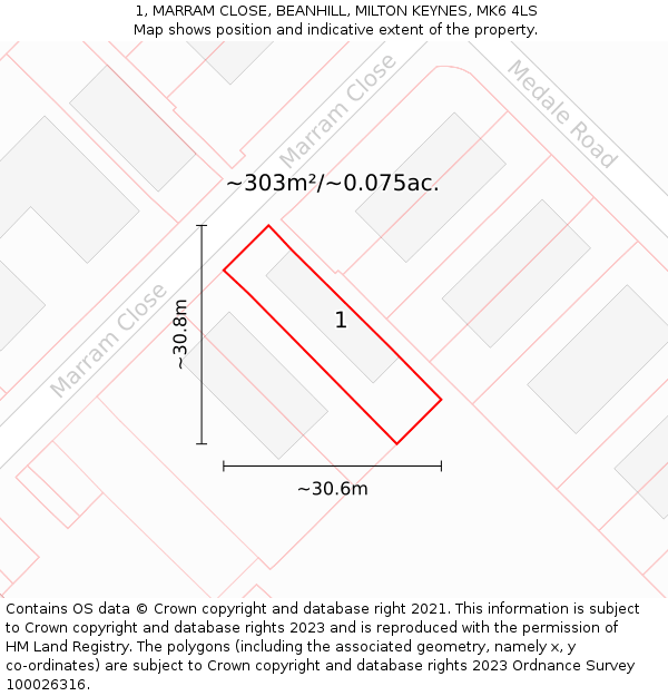 1, MARRAM CLOSE, BEANHILL, MILTON KEYNES, MK6 4LS: Plot and title map