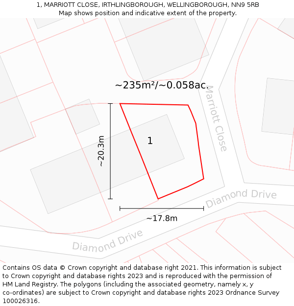 1, MARRIOTT CLOSE, IRTHLINGBOROUGH, WELLINGBOROUGH, NN9 5RB: Plot and title map