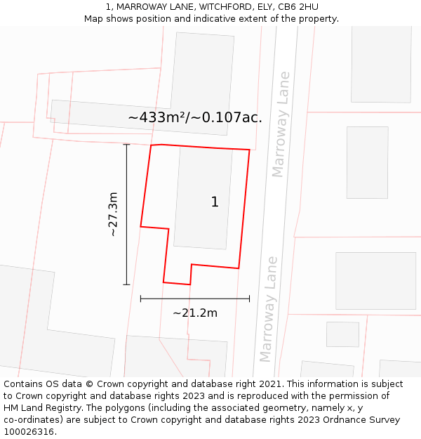 1, MARROWAY LANE, WITCHFORD, ELY, CB6 2HU: Plot and title map