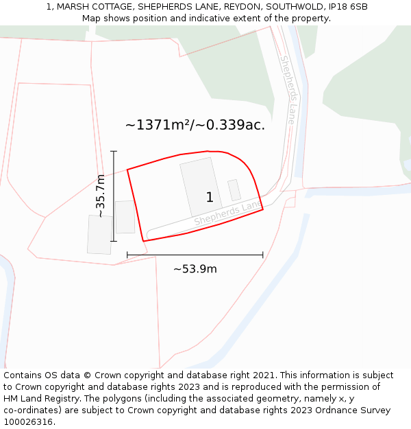 1, MARSH COTTAGE, SHEPHERDS LANE, REYDON, SOUTHWOLD, IP18 6SB: Plot and title map